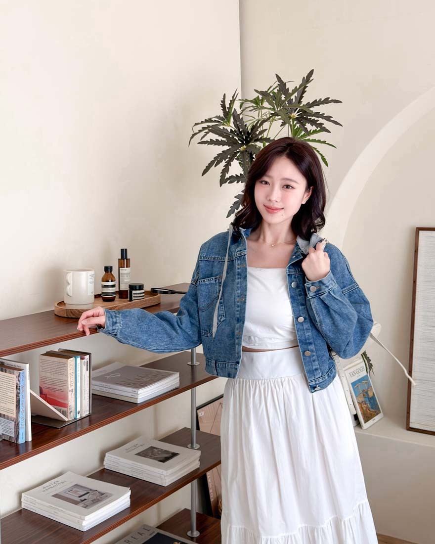 LINA LINA梨泰院風尚口袋撞色連帽牛仔外套-深藍