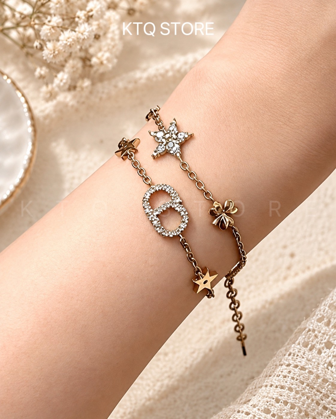 KTQ STORE ‧ DIOR 迪奧套裝 CD 簽名立方氧化鋯鍍金金屬手鍊 男女同款 情侶款 金色B3105WOMZI_D301