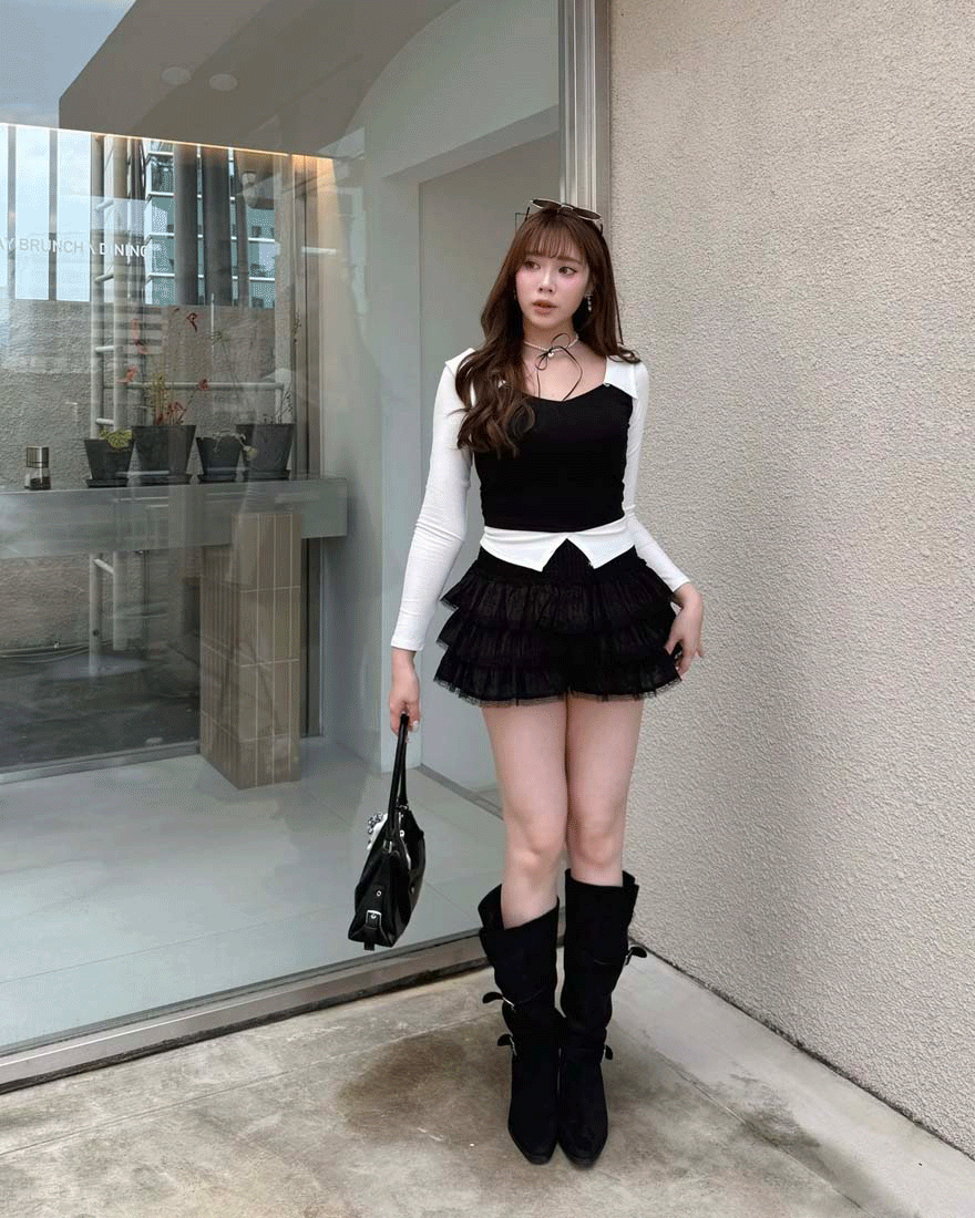 LINA LINA韓妞私服拼色翻領綁結假兩件上衣-時尚黑