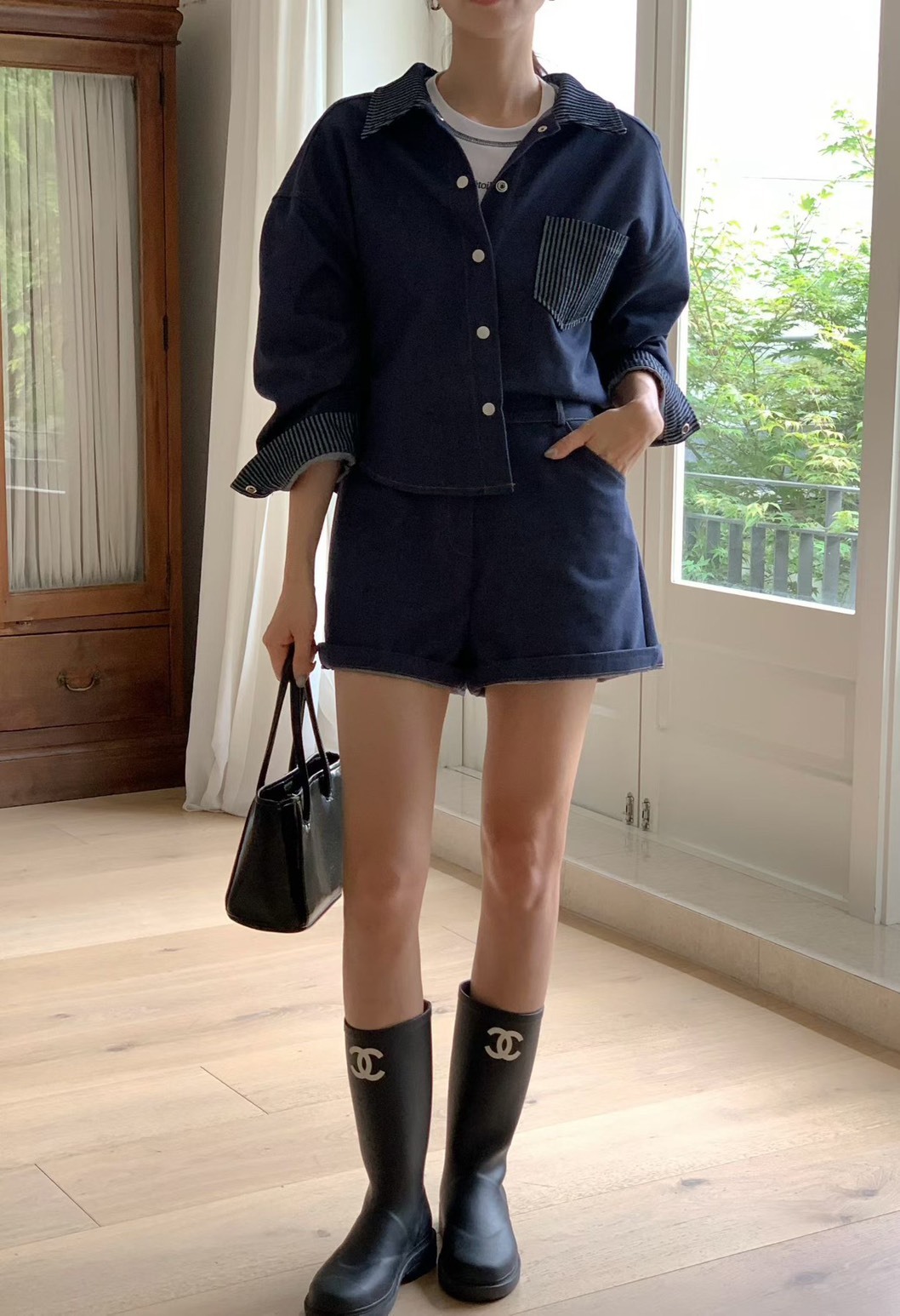 牛仔色條紋襯衫  短褲(分售)