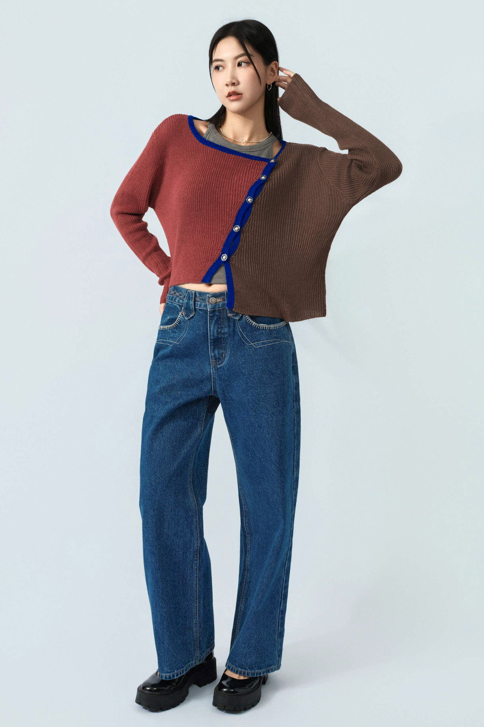 斜鈕扣左右拼色cardigan (現貨款式）