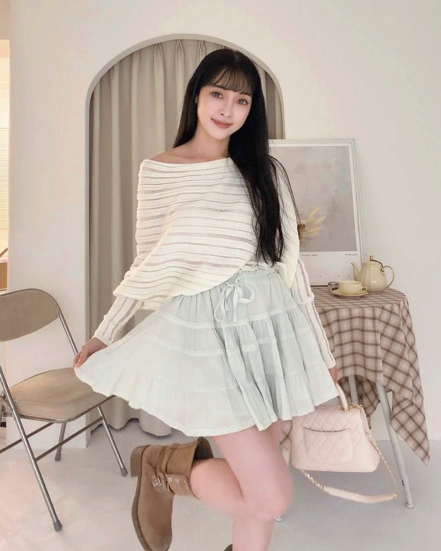 LINA LINA唯美柔焦橫條織網帆船領飛鼠袖上衣-高雅白