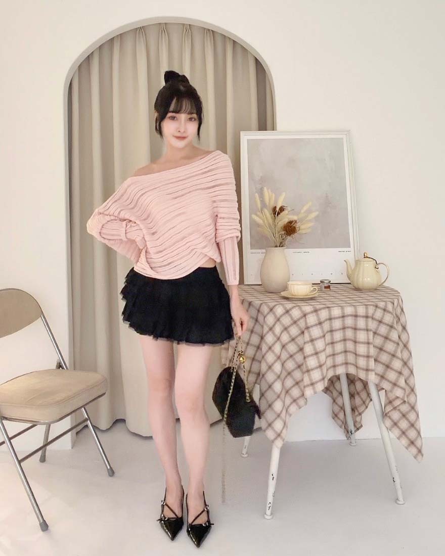 LINA LINA唯美柔焦橫條織網帆船領飛鼠袖上衣-甜美粉