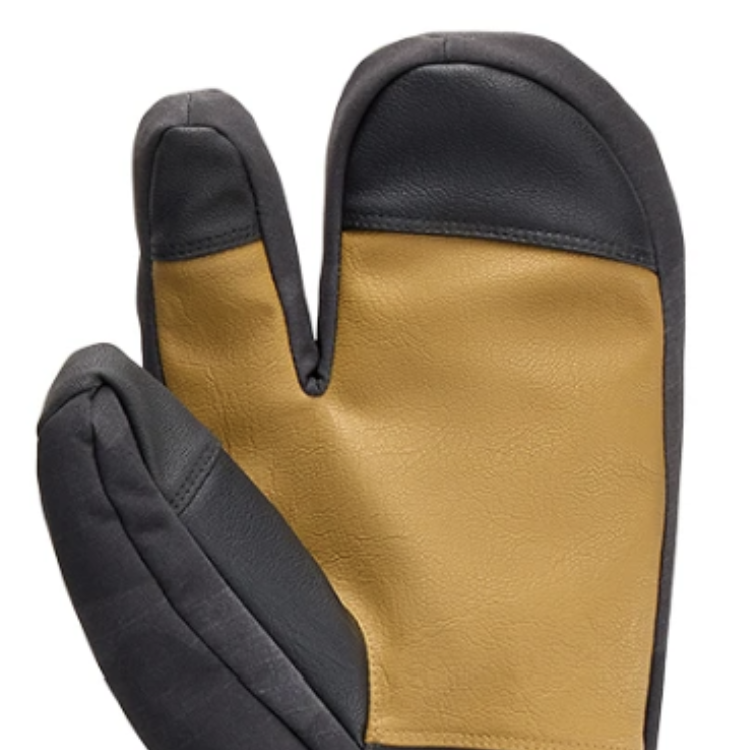 686 GORE-TEX 三指/三叉連指（Trigger Mitt）保暖滑雪手套黑棕拼色款掌心圖，展示高耐磨棕色皮革抓握面與食指獨立剪裁