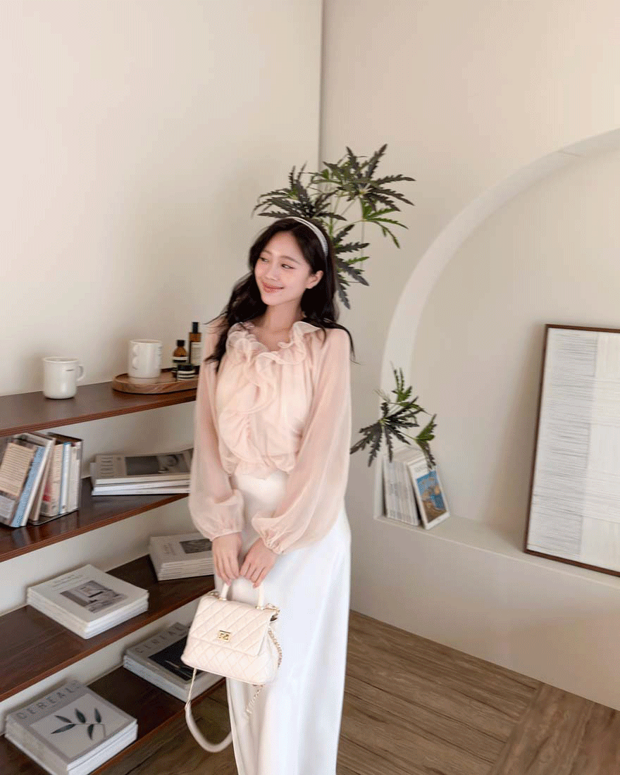 LINA LINA浪漫詩意波浪花邊透肌假兩件上衣-蜜桃粉