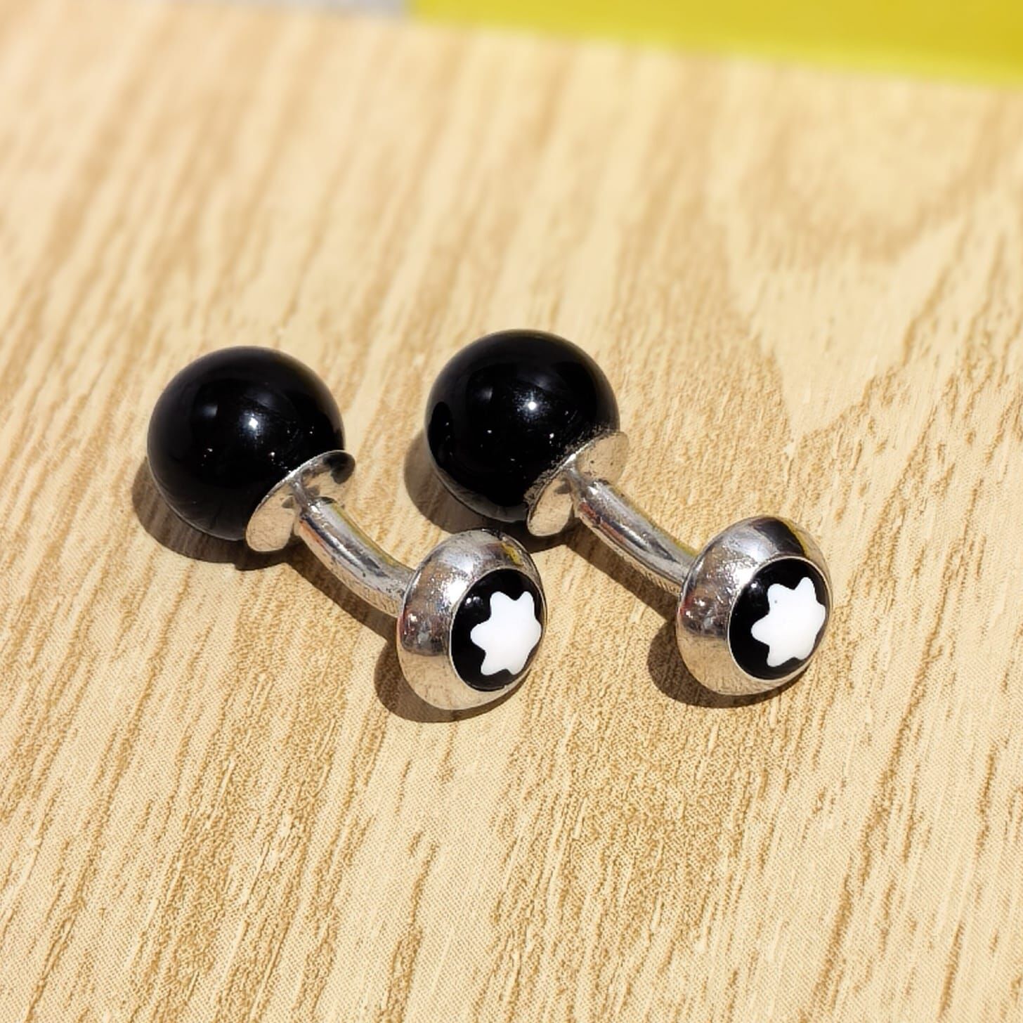 USED MONT BLANC袖口鈕/Cufflinks, 萬寶龍 黑瑪瑙圓球銀色,金屬袖扣, #香榭站正品