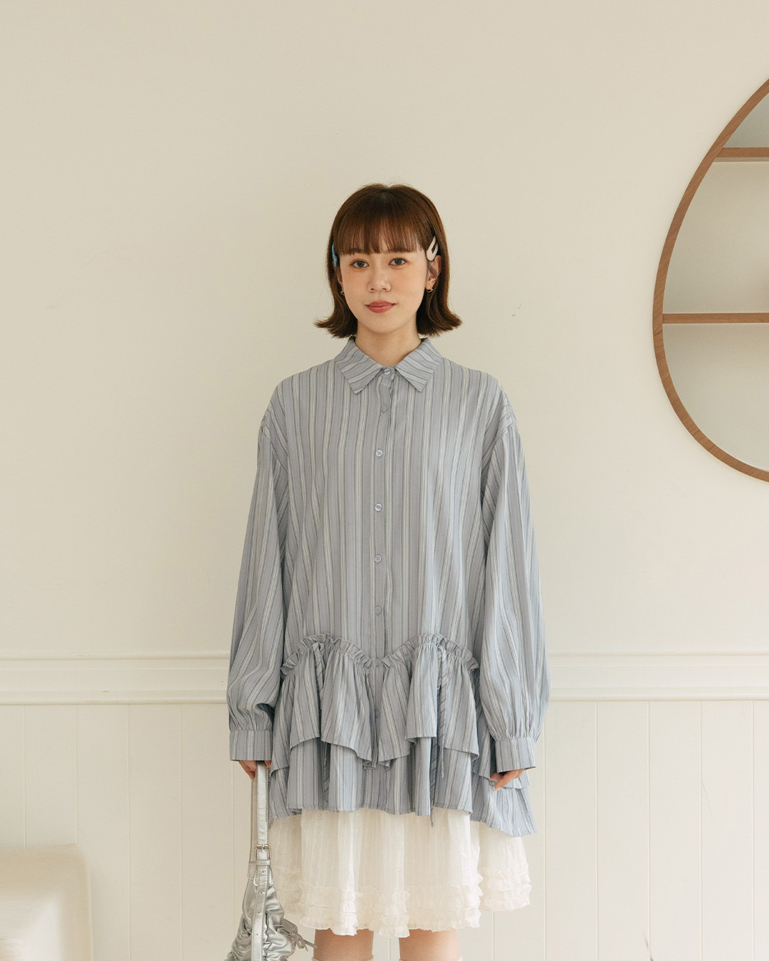 Striped Ruffled Strappy Long-Sleeved Short Dress; available in two colors.【01087359】in stock+pre-order