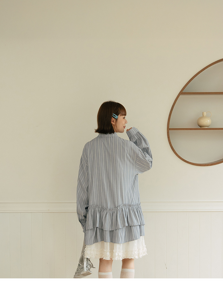 Striped Ruffled Strappy Long-Sleeved Short Dress; available in two colors.【01087359】in stock+pre-order