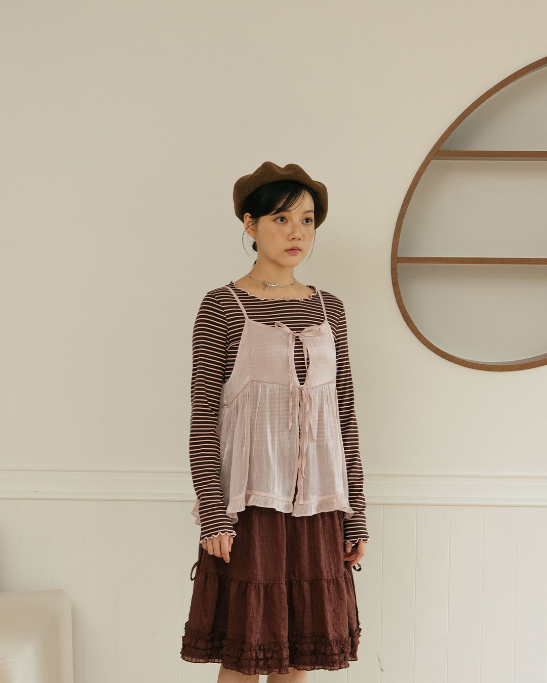 Glossy textured ruffled hem spaghetti strap cover-up vest, available in four colors【01099787】in stock+pre-order
