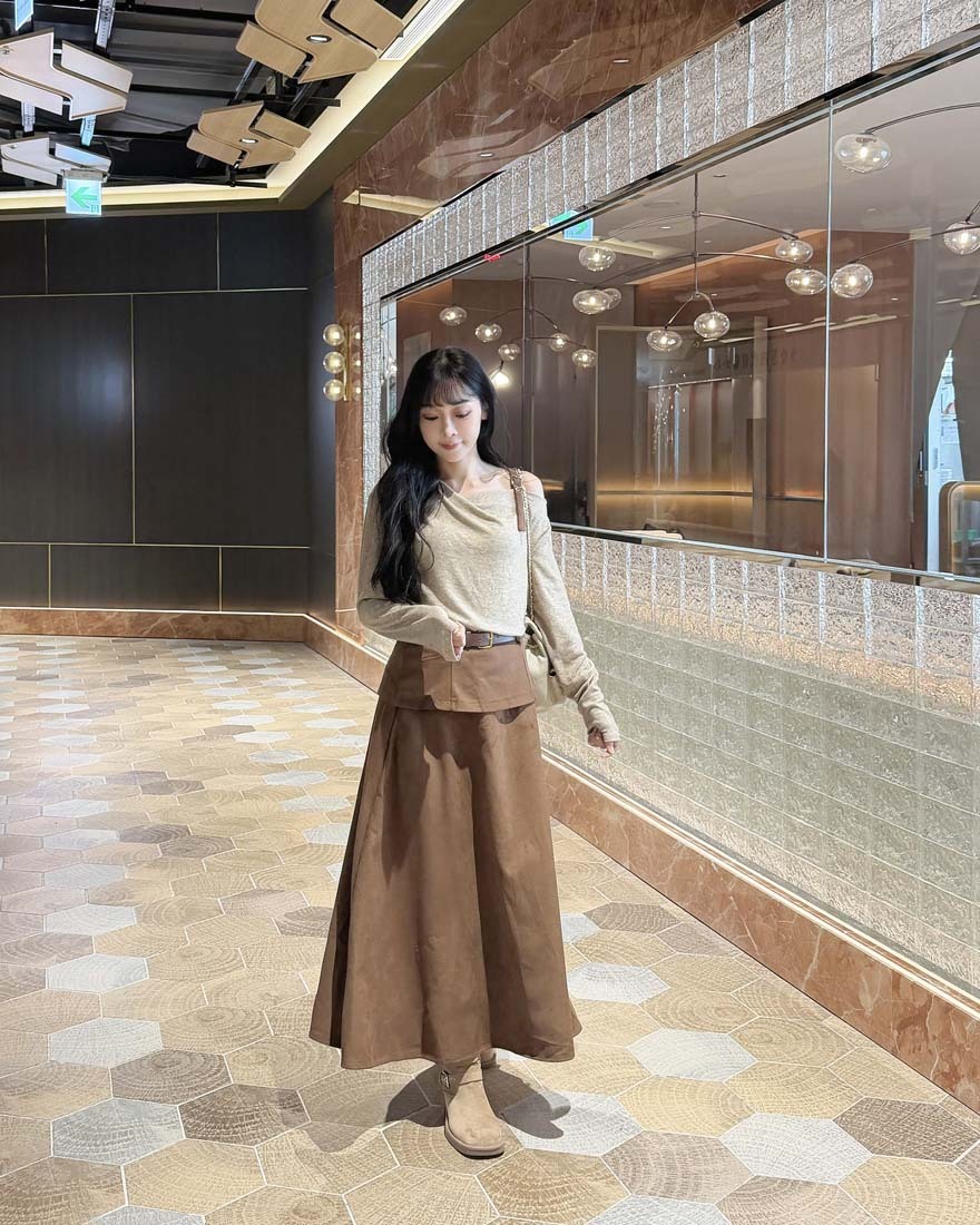 LINA LINA時髦集敘釦環上衣皮帶長裙兩件組-迷人咖M/L