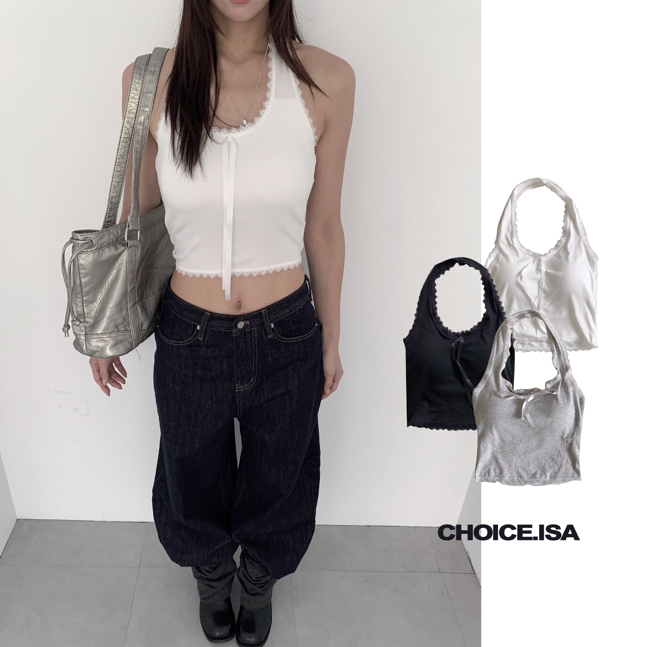ISA_緞帶記憶點 (推!)花邊蕾絲掛脖bra top_66046