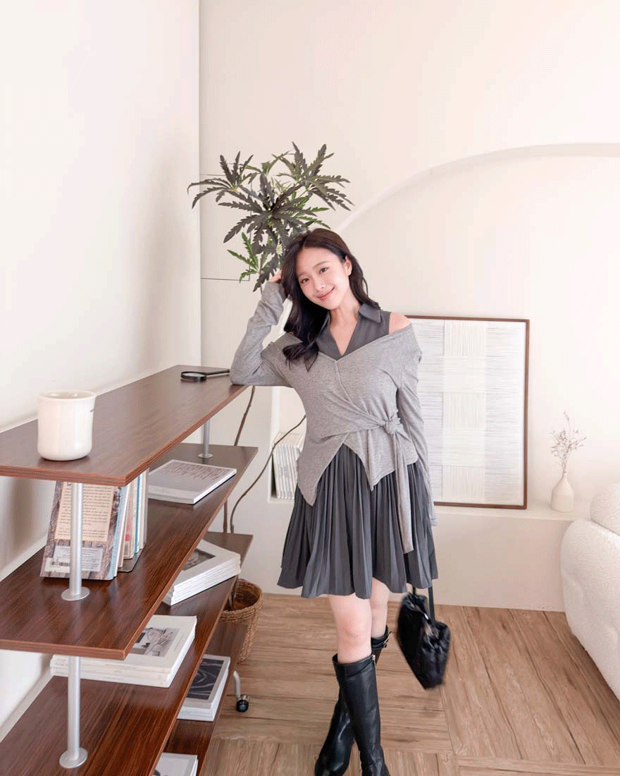 LINA LINA街頭女伶百褶洋裝綁帶上衣兩件組-高貴灰M/L