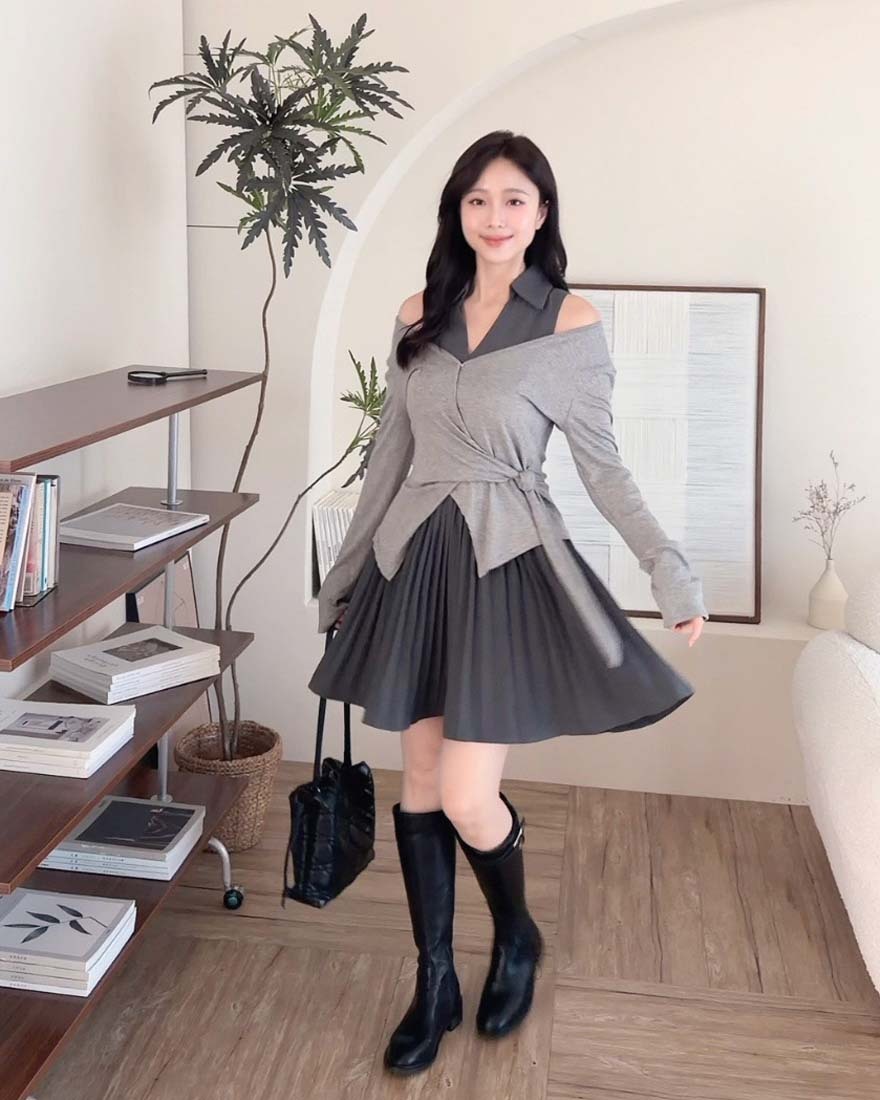 LINA LINA街頭女伶百褶洋裝綁帶上衣兩件組-高貴灰M/L