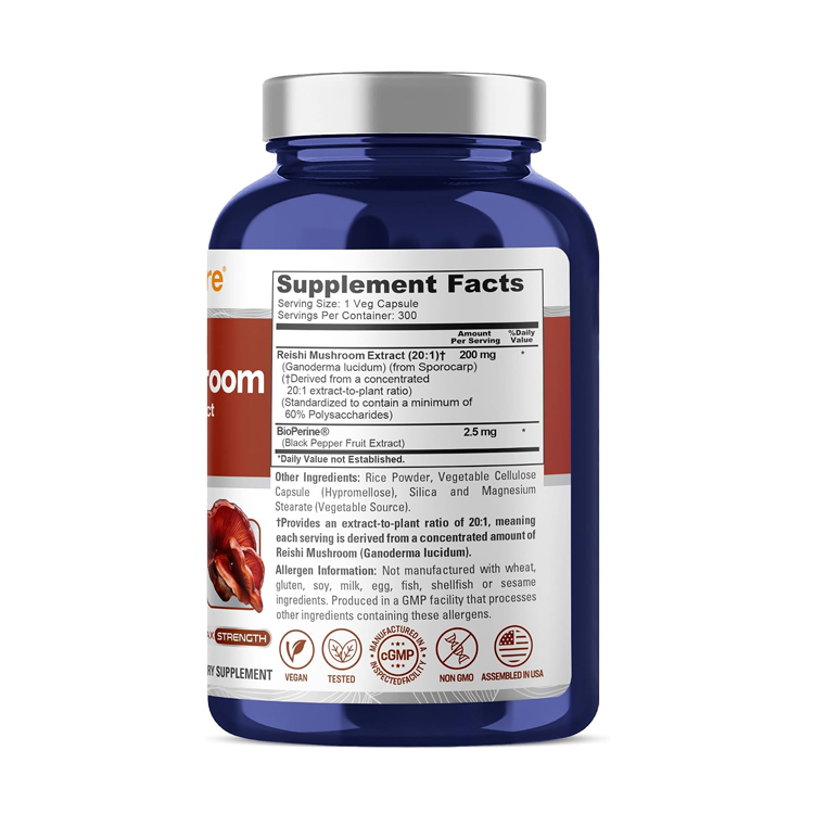 美國Nusapure Reishi Mushroom靈芝精華200毫克+黑胡椒, 300粒膠囊