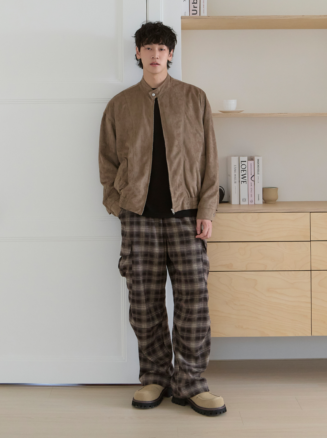 【期間限定】立領拼接線條麂皮外套