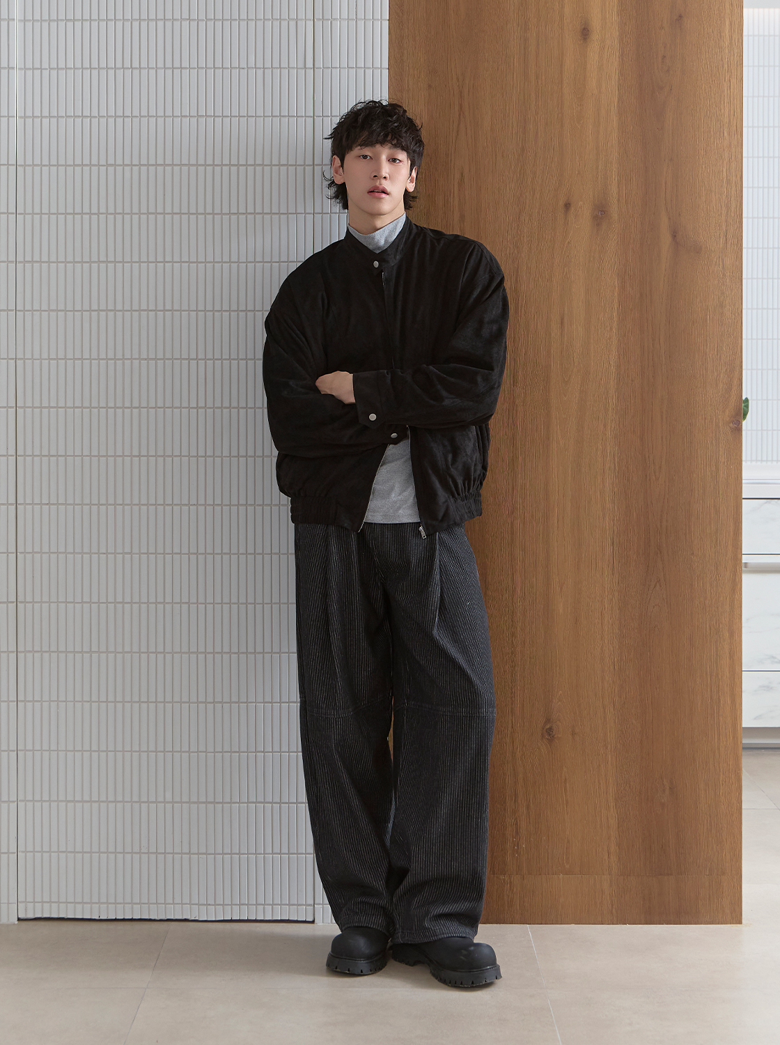 【期間限定】立領拼接線條麂皮外套