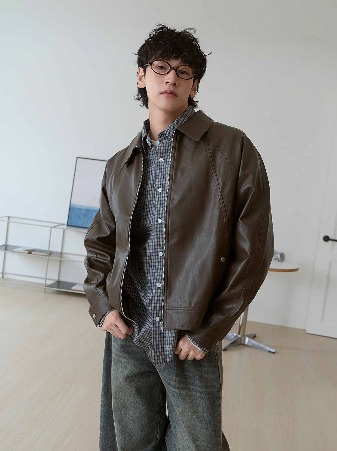 【期間限定】翻領拼接線條皮外套