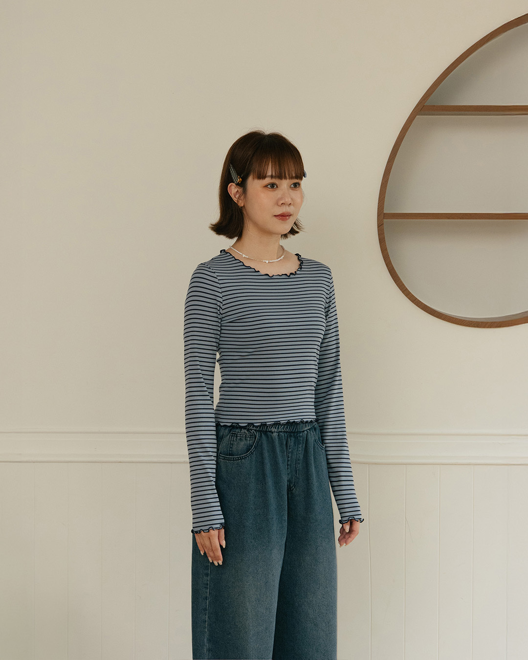 Fitted Striped Ribbed Lettuce-Edge Top - Blue【01200082】in stock+pre-order