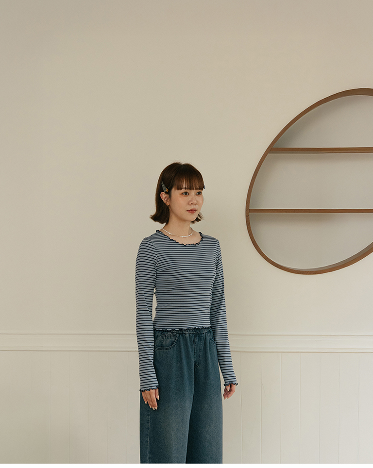 Fitted Striped Ribbed Lettuce-Edge Top - Blue【01200082】in stock+pre-order