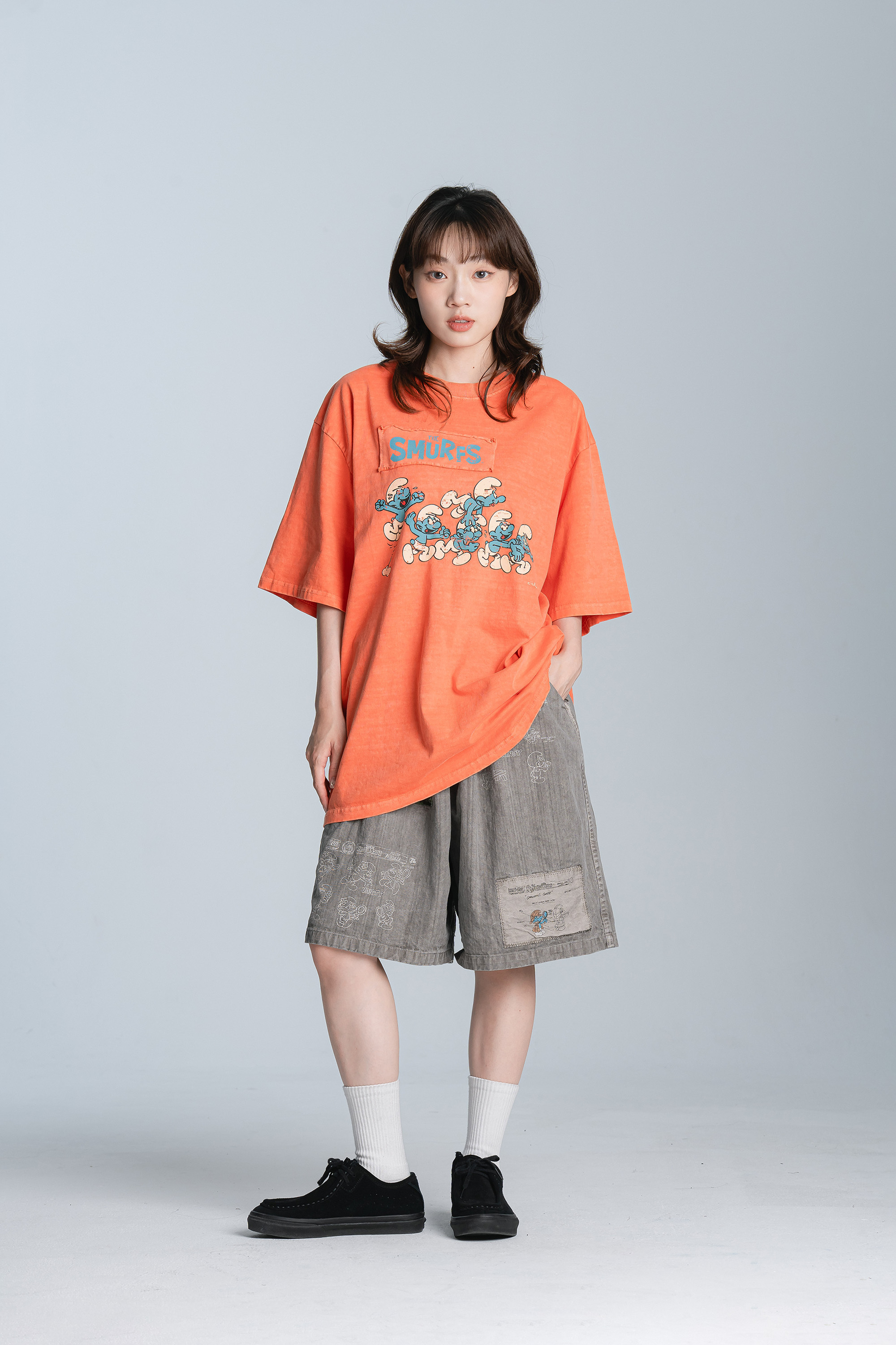 Korea｜藍色小精靈插畫補丁短褲 2色