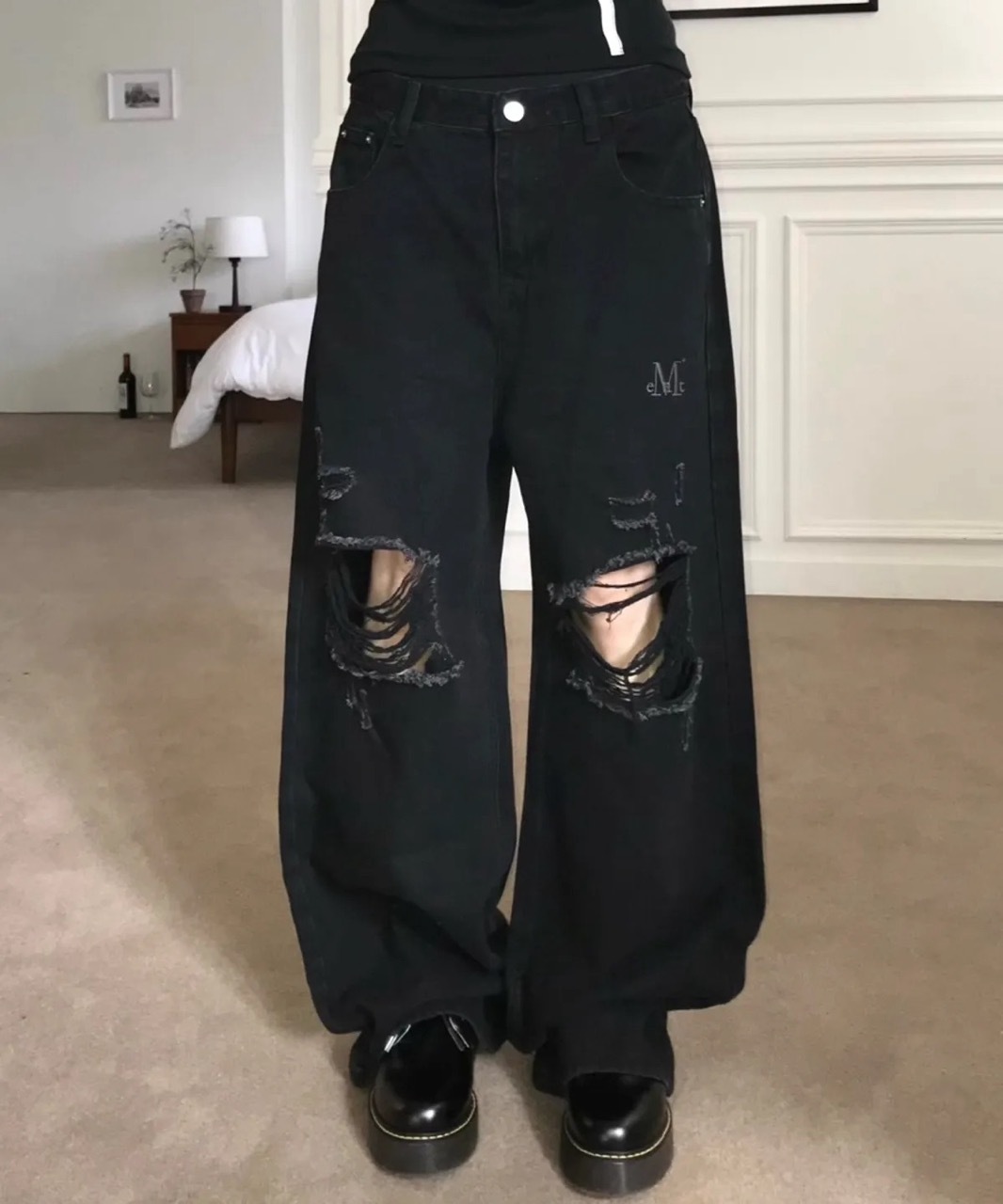 韓國限定🇰🇷 MUCENT MOVA WASHING DAMAGE DENIM PANTS 破洞 刷破 牛仔褲 寬褲 闊腿褲 長褲 男女 / 預購