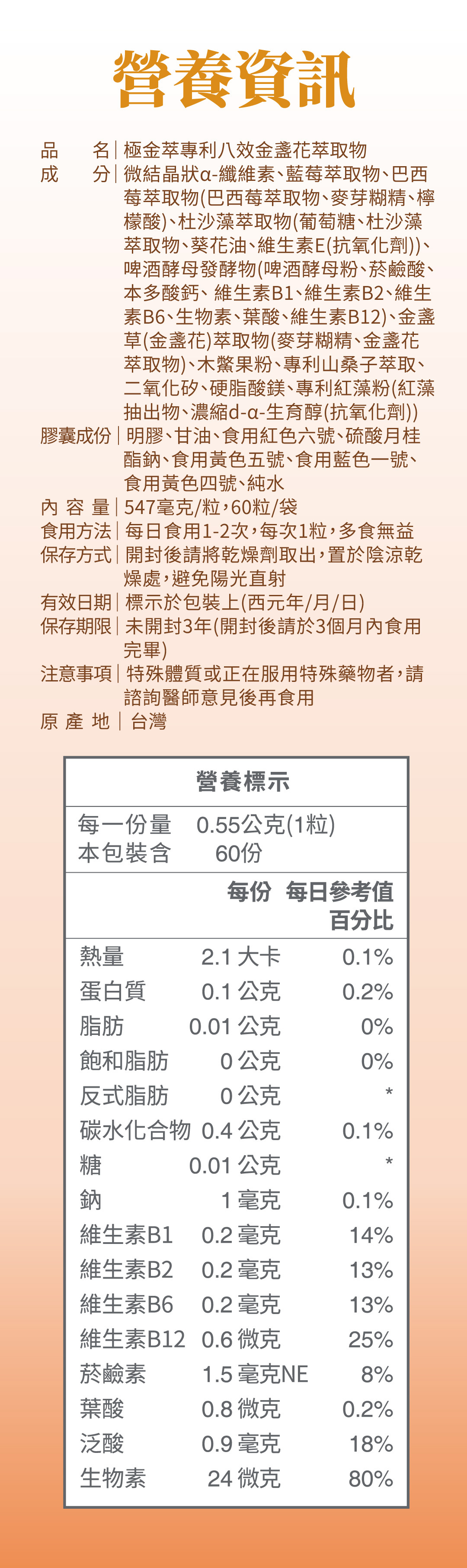 SASANA極金萃專利八效金盞花萃取物膠囊完整成分、食用方式、保存資訊與營養標示