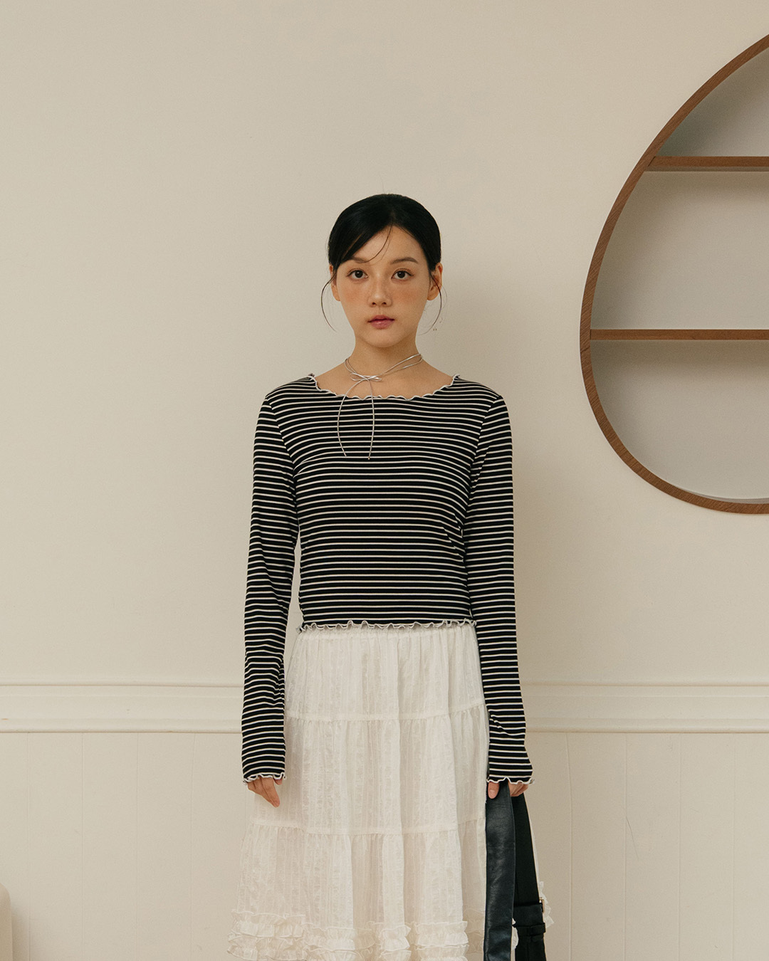 Fitted Striped Ribbed Lettuce-Edge Top - Black【01200083】in stock+pre-order