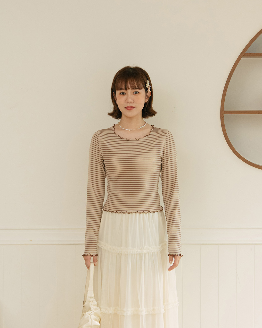Fitted Striped Ribbed Lettuce-Edge Top - Apricot【01200084】in stock+pre-order