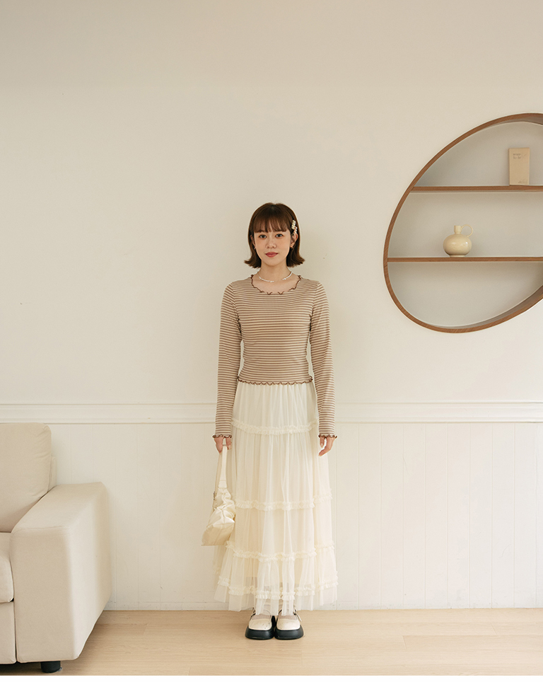 Fitted Striped Ribbed Lettuce-Edge Top - Apricot【01200084】in stock+pre-order