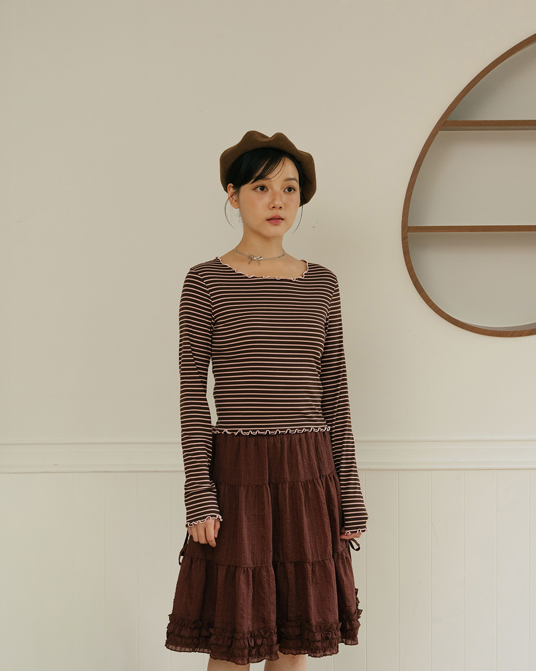 Striped ribbed ruffled fitted top - brown【01200085】in stock+pre-order