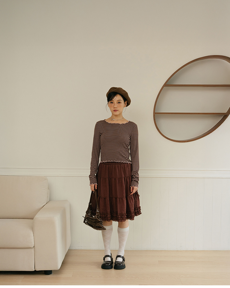 Striped ribbed ruffled fitted top - brown【01200085】in stock+pre-order