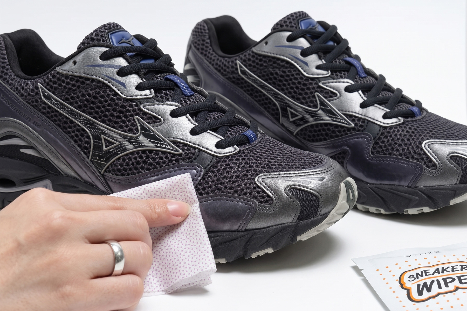 防御工事免水洗清潔濕巾局部擦拭 Mizuno 跑鞋 Enerzy 中底與側邊
