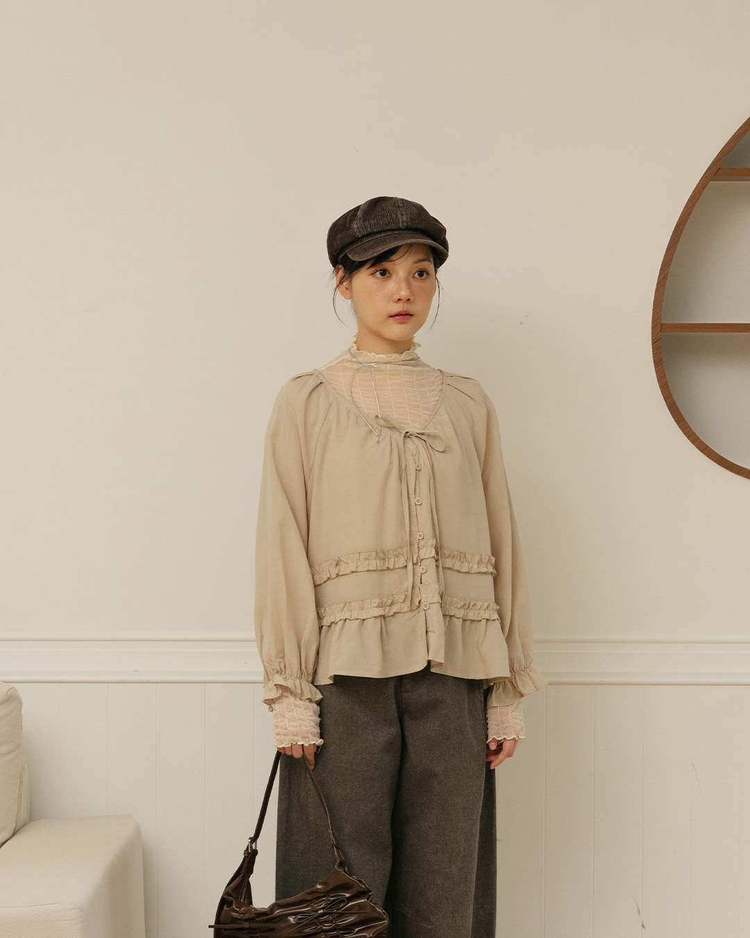 Long-sleeved top with ruffled tie and button-down design - Green【01200146】in stock+pre-order