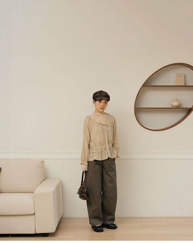 Long-sleeved top with ruffled tie and button-down design - Green【01200146】in stock+pre-order