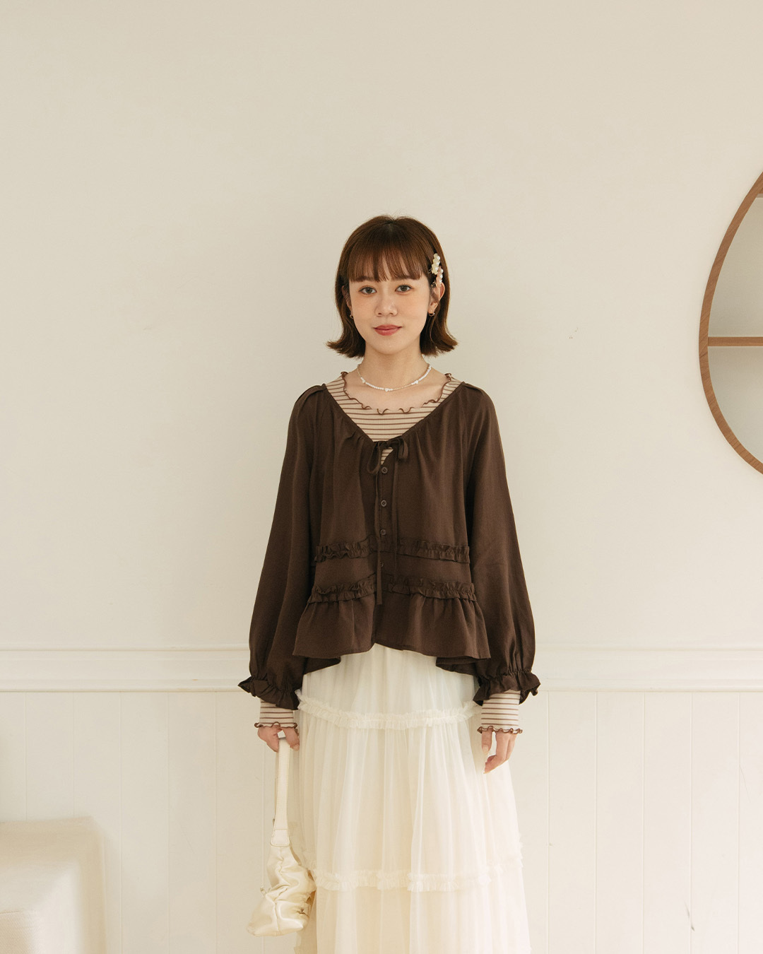 Ruffled tie-up button-down puff sleeve long-sleeved top - coffee【01200147】in stock+pre-order