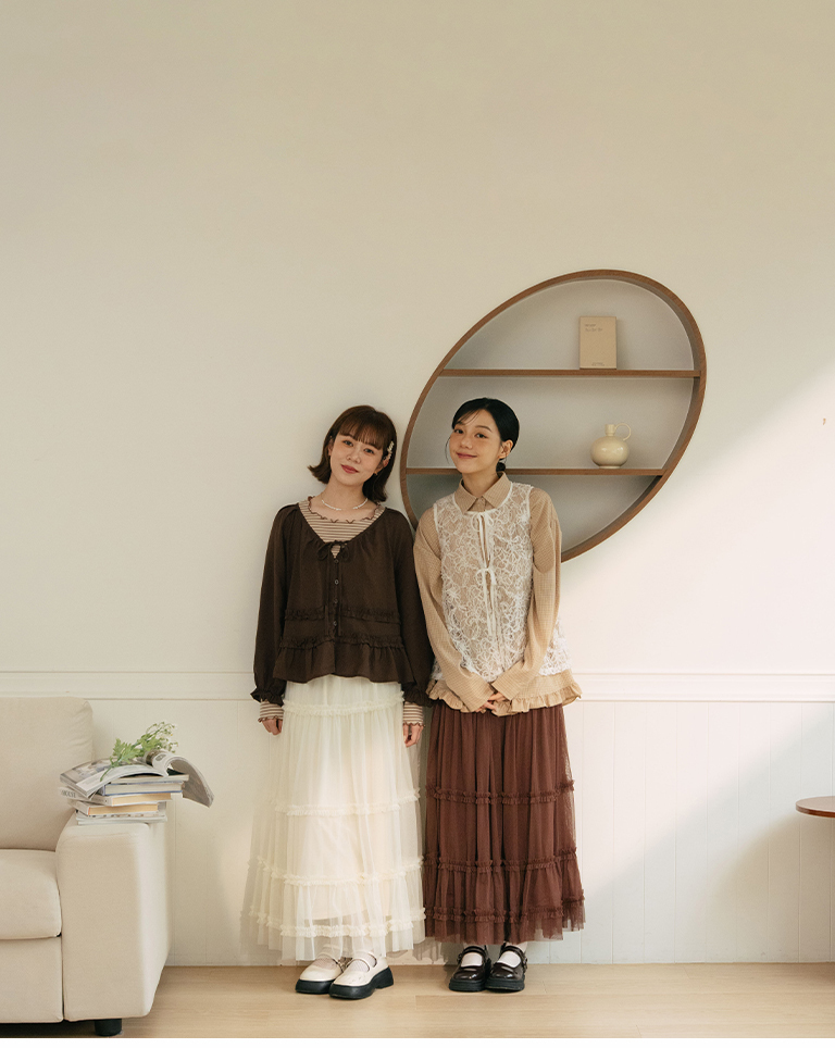 Ruffled tie-up button-down puff sleeve long-sleeved top - coffee【01200147】in stock+pre-order