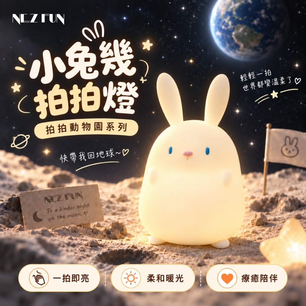 alt="小兔幾拍拍燈柔軟親膚矽膠材質,可揉捏的療癒兔子小夜燈與床頭陪伴燈"