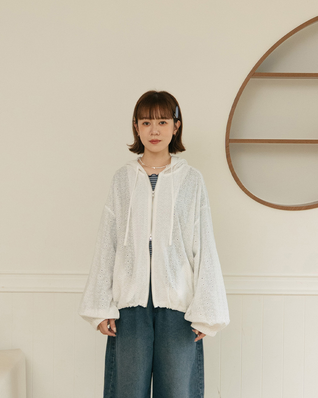 Hollowed-out jacquard design double-zip hooded jacket【02071736】in stock+pre-order