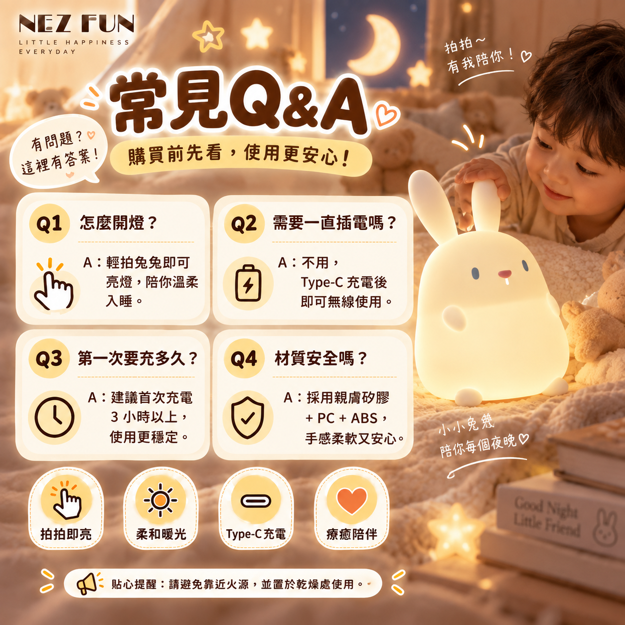 alt="小兔幾拍拍燈常見問題 Q&A，包含開燈方式、Type-C充電、首次充電時間與材質說明"