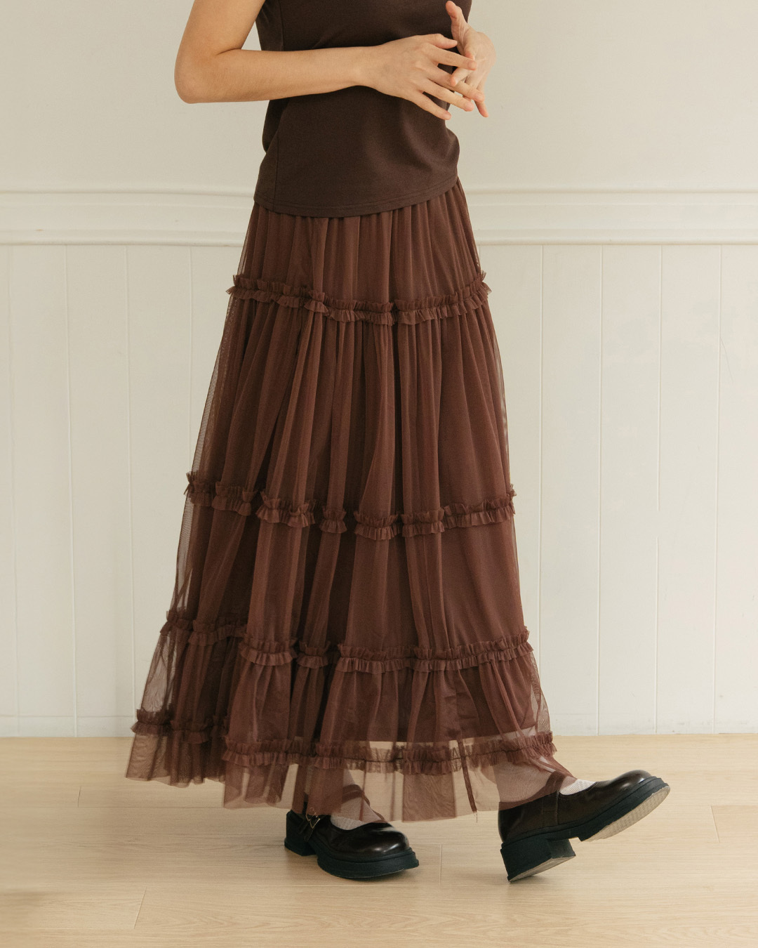 Multi-layered ruffled tulle cake dress - coffee【03021786】in stock+pre-order