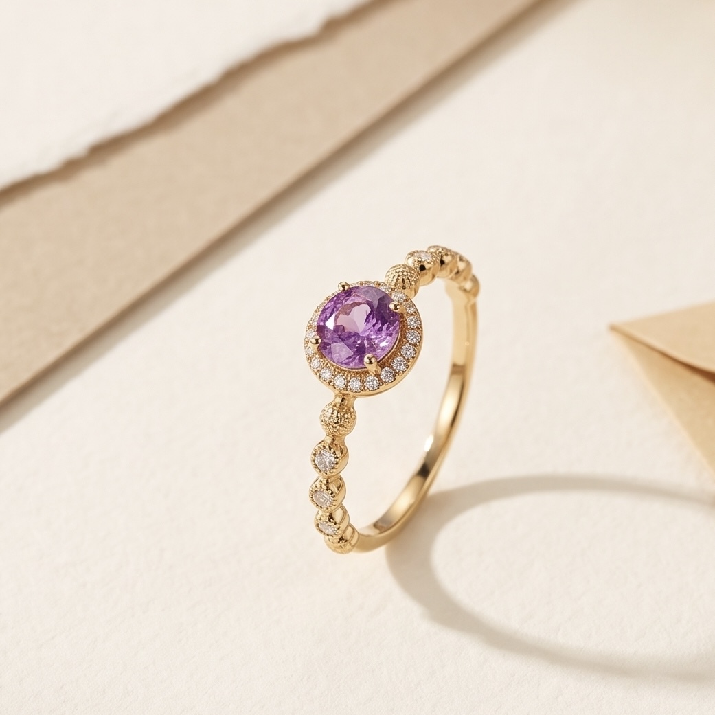 18K Yellow Gold Natural Purple Sapphire Ring with diamond setting