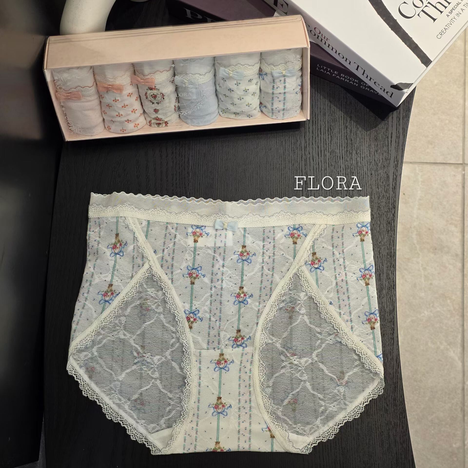 FL7107 法式復古碎花暗紋中腰內褲 (6條1套)