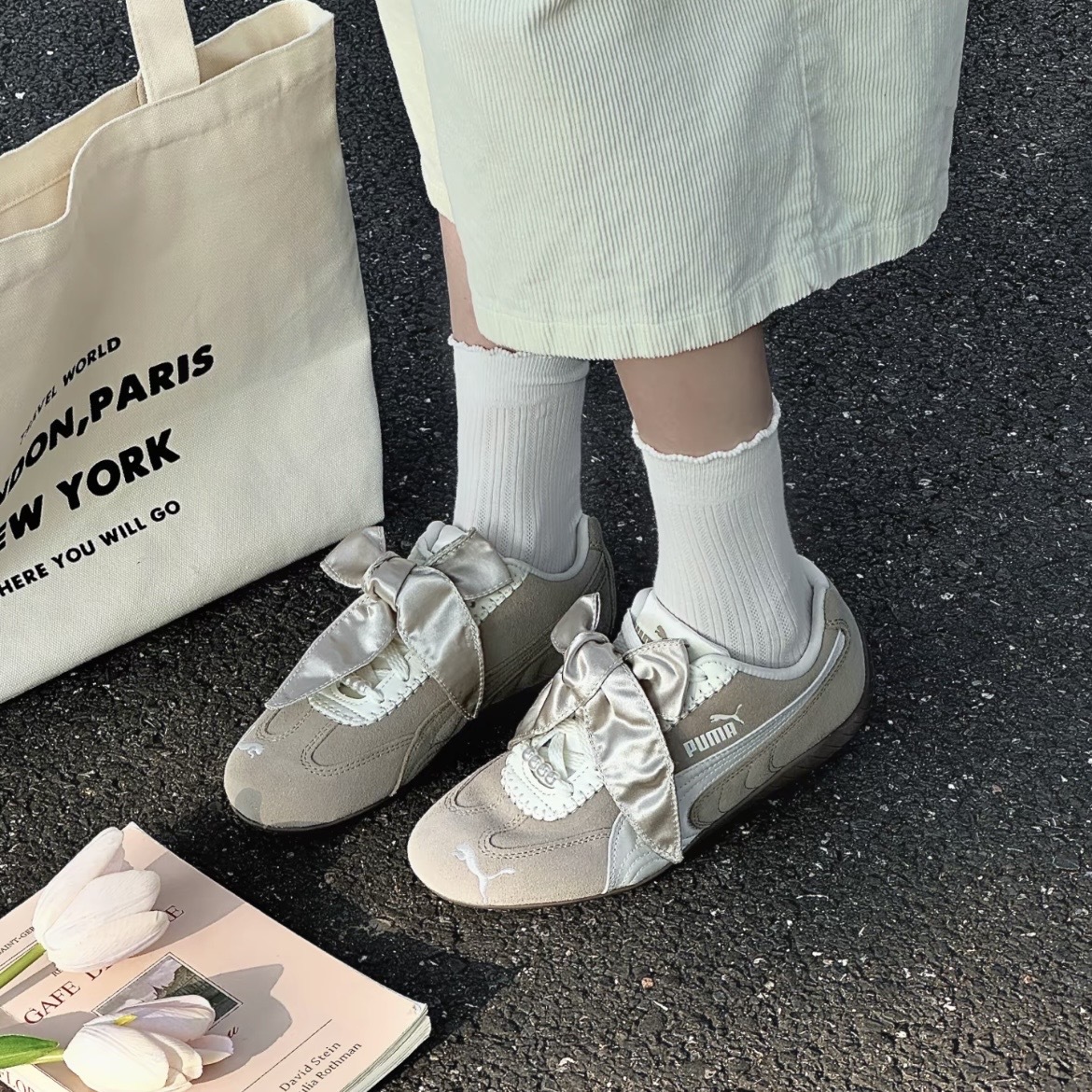 PUMA SPEEDCAT BLOOM 奶茶 緞帶 蝴蝶結 珍珠裝飾 芭蕾風 復古 賽車鞋 410083-01