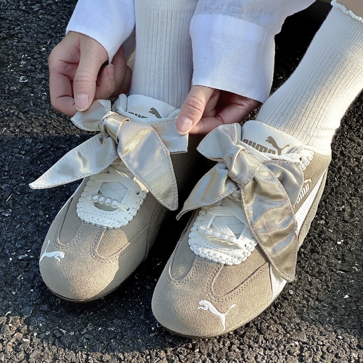 PUMA SPEEDCAT BLOOM 奶茶 緞帶 蝴蝶結 珍珠裝飾 芭蕾風 復古 賽車鞋 410083-01