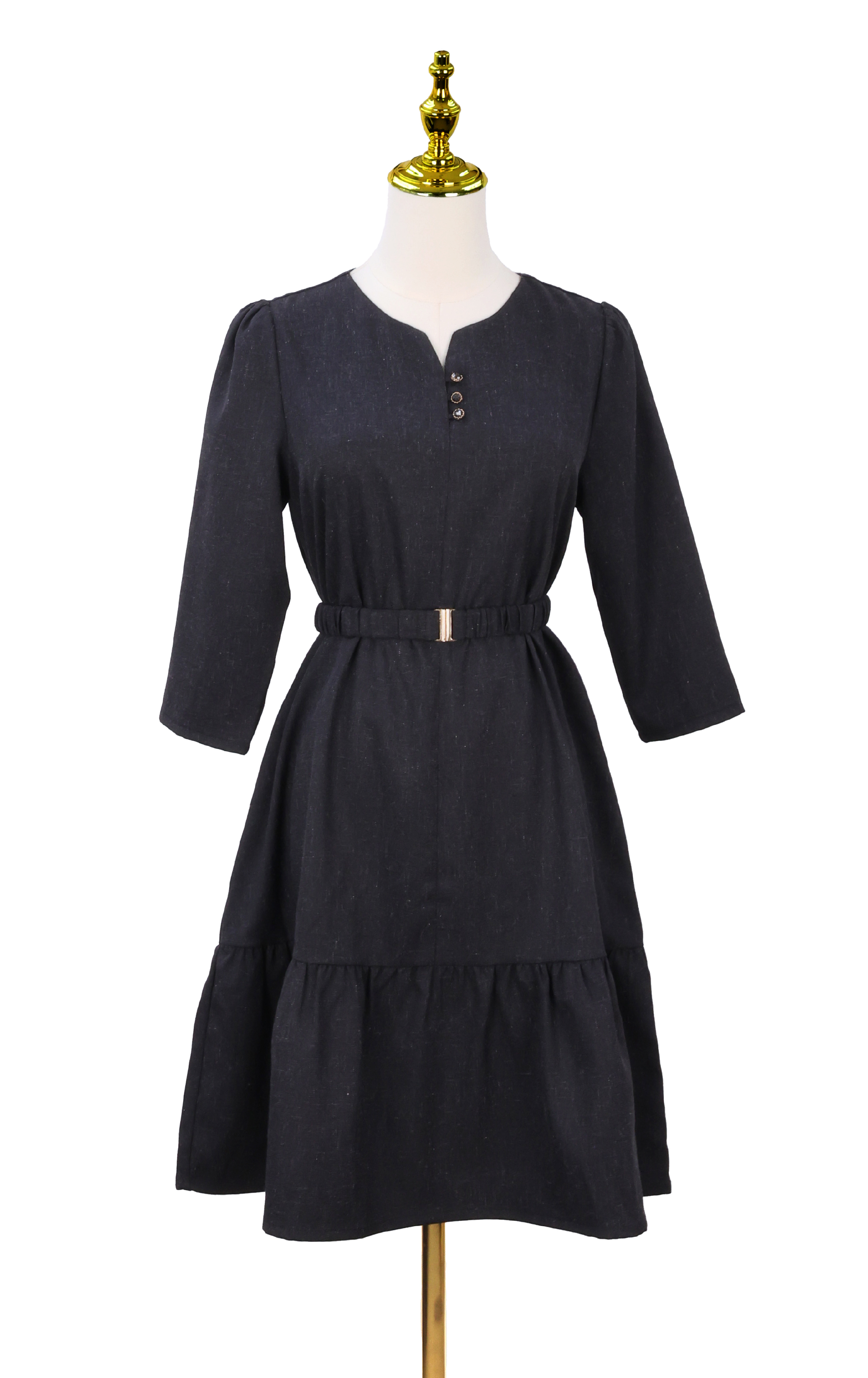 Premium V-Neck Belted Dress with Metallic Buckle OP0709