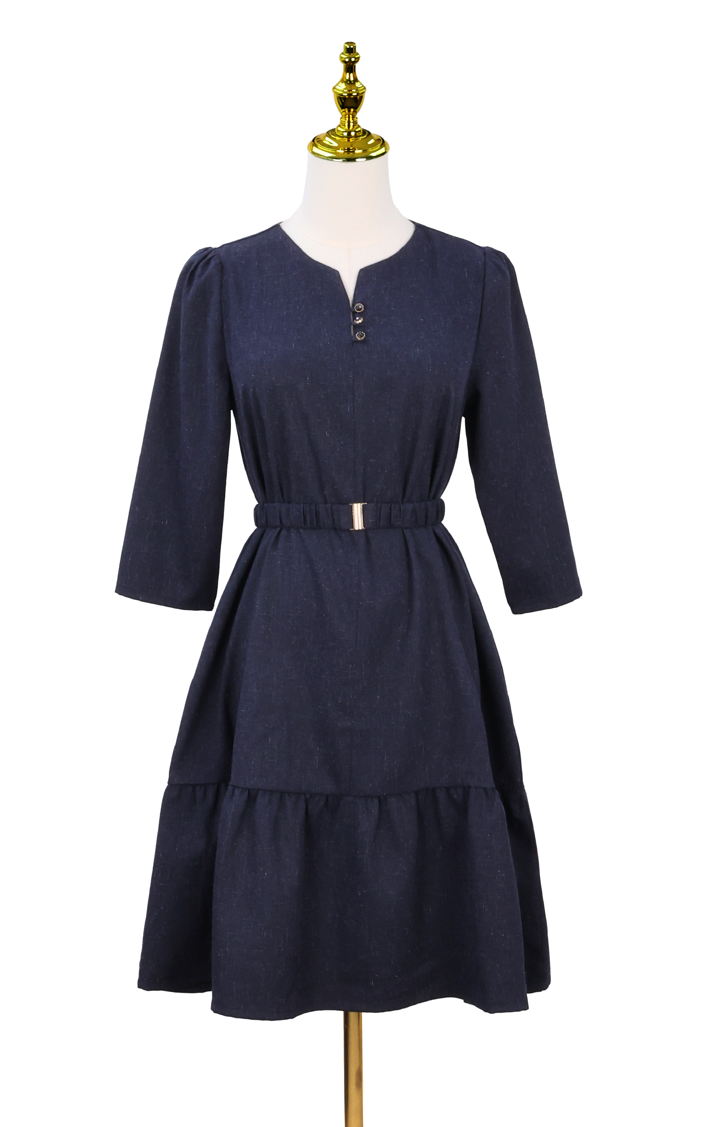Premium V-Neck Belted Dress with Metallic Buckle OP0709