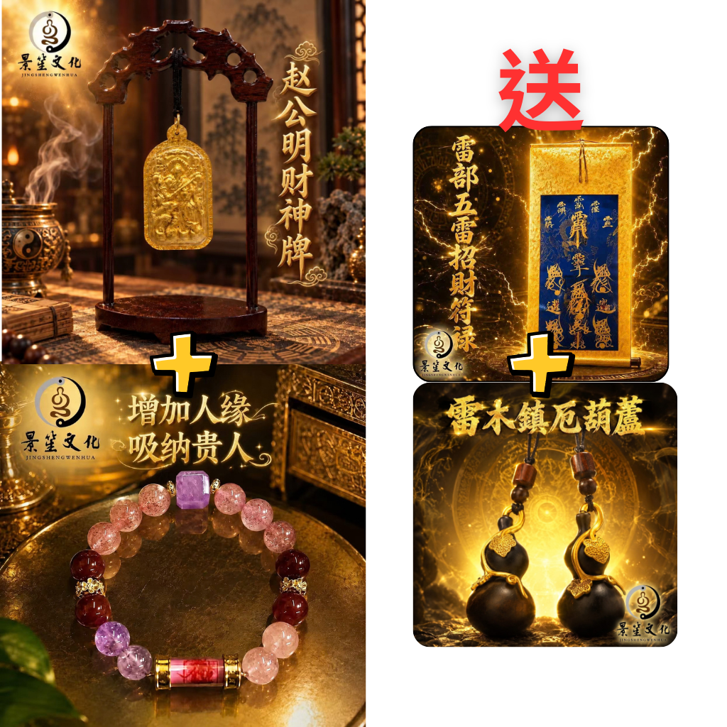 OTH-JJG0915-014 結緣限量版趙公明財神牌A1+紫微化煞消業牌A3+手串A5[贈五雷招財符箓掛畫+光天師雷木葫蘆一個] (A14)