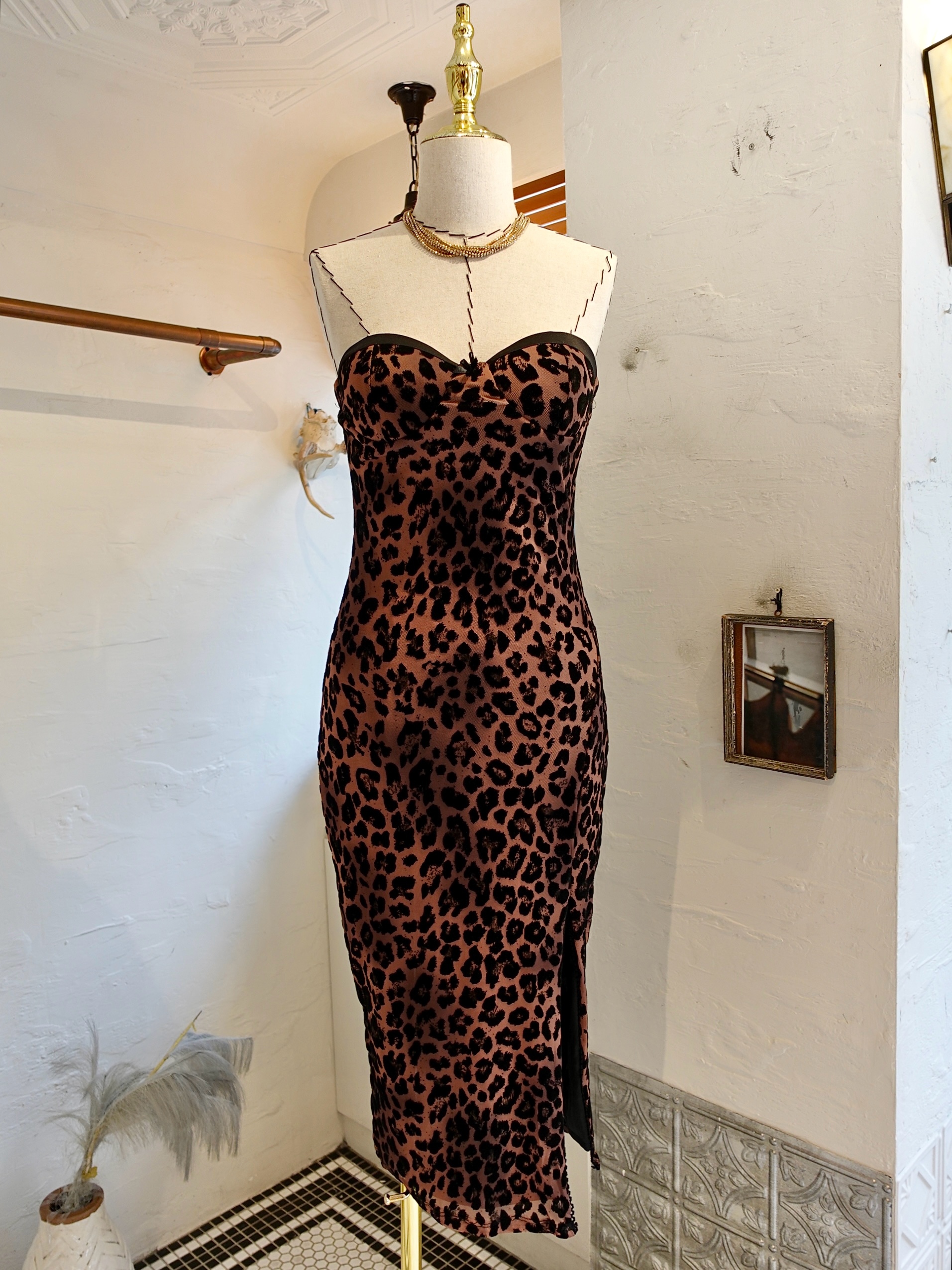Leopard豹紋色印花桃心領開叉Dress