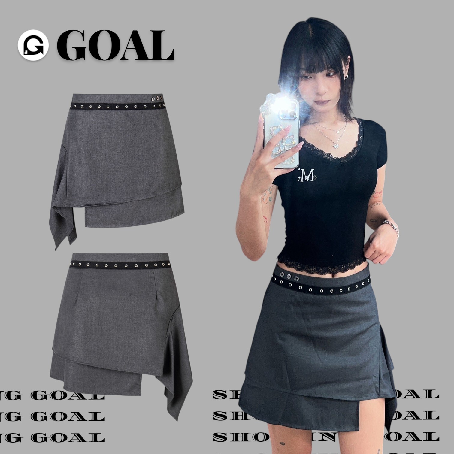 (GOAL) 不規則層次斜裁西裝裙 K522