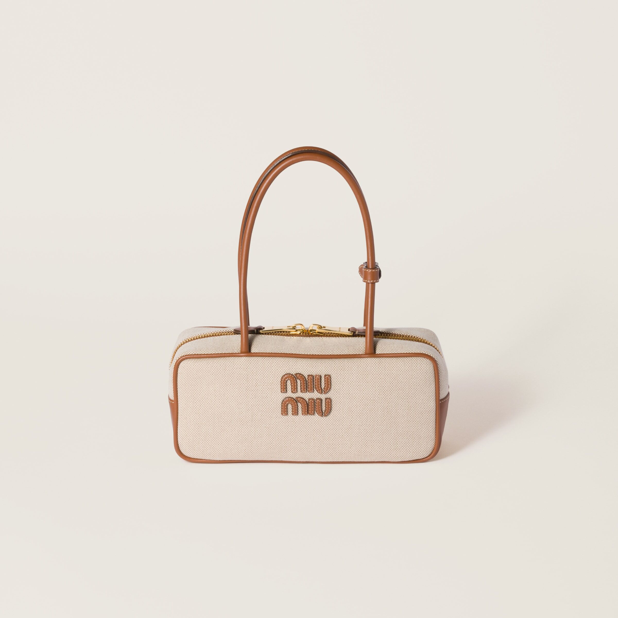 1FF0918-150 [MIU MIU] Small Beau 帆布拼皮革小型手袋 原色/白蘭地色 #5BB173OWMACRN (EU)